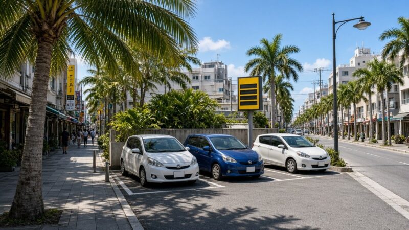 那霸市區棕櫚樹街道旁的小型 Coin Parking 停車場