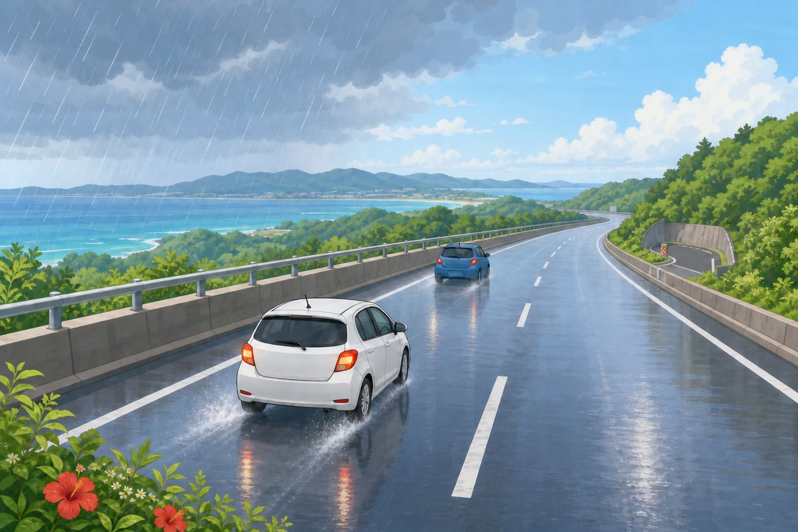 沖繩雨天高速公路保持車距與靠左行駛示意圖