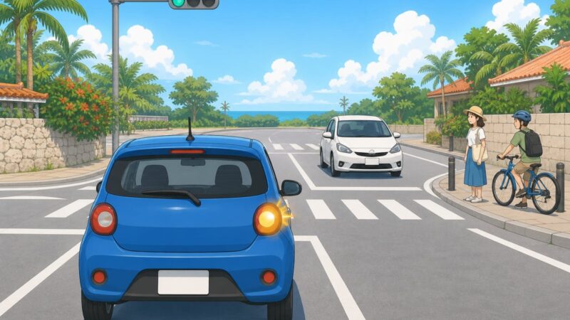 沖繩自駕右轉車等待對向直行車先通過的安全示意插畫