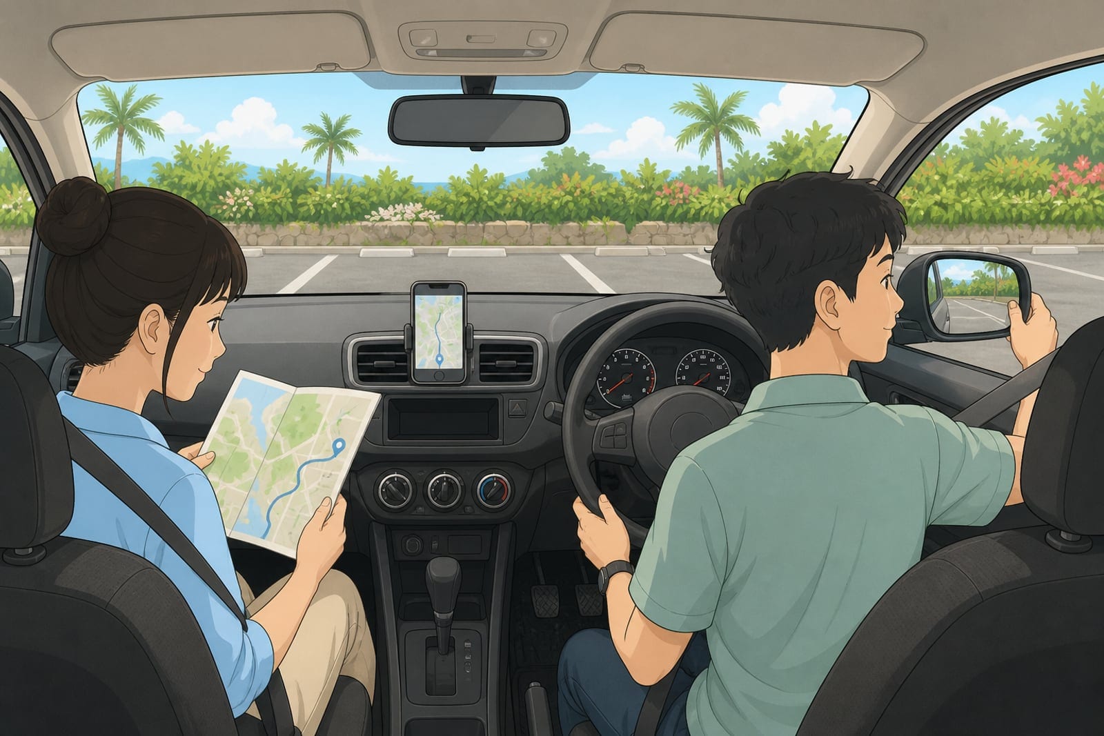 台灣旅客在沖繩右駕租車內確認後視鏡與導航的上路前準備插畫