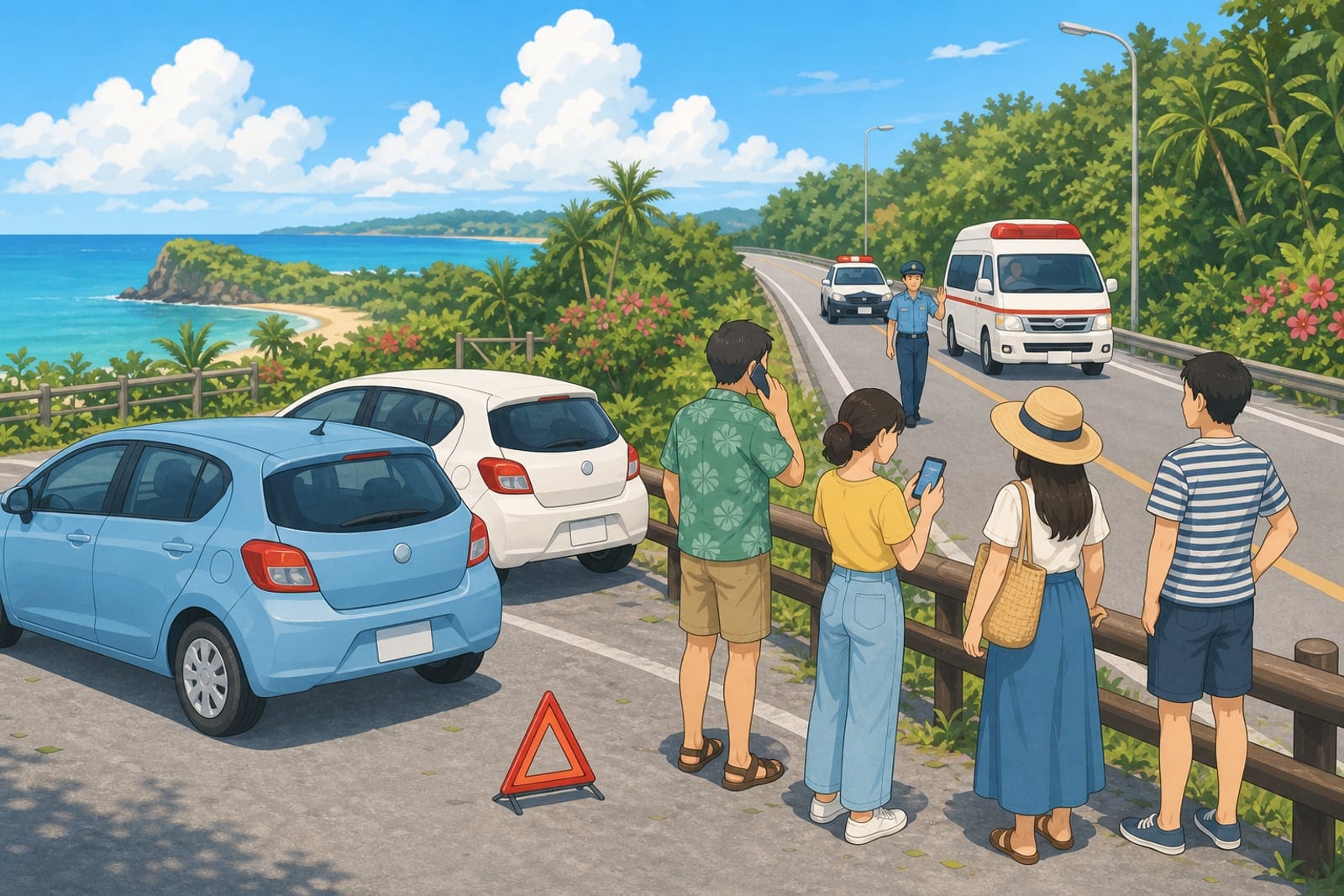沖繩租車事故後確保安全、報警與聯絡租車公司的處理示意插畫