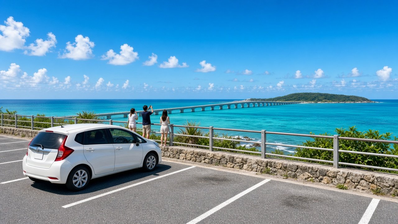 停在海邊正式停車格內的租車,旅客在護欄邊拍攝跨海大橋