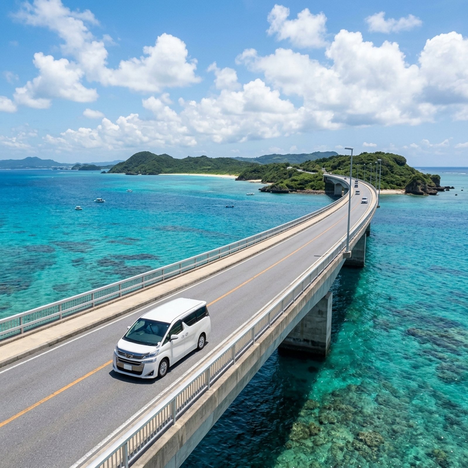 Toyota Alphard 在沖繩海景公路自駕行駛外觀 - OKA 沖繩租車